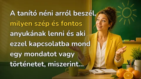 A tanító néni arról beszél, milyen szép és fontos anyukának lenni és aki ezzel kapcsolatba mond egy mondatot vagy történetet, miszerint...