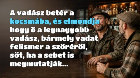 A vadász betér a kocsmába, és elmondja hogy ő a legnagyobb vadász, bármely vadat felismer a szőréről, sőt, ha a sebet is megmutatják...