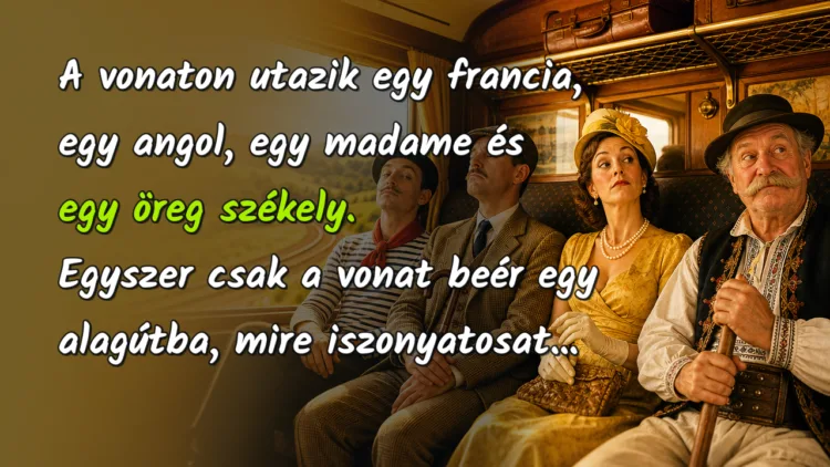 Vicc: A vonaton utazik egy francia, egy angol, egy madame és egy öreg székely... A vonaton utazik egy francia, egy angol, egy madame és egy öreg székely. Egyszer csak a vonat beér egy alagútba, mire iszonyatosat...