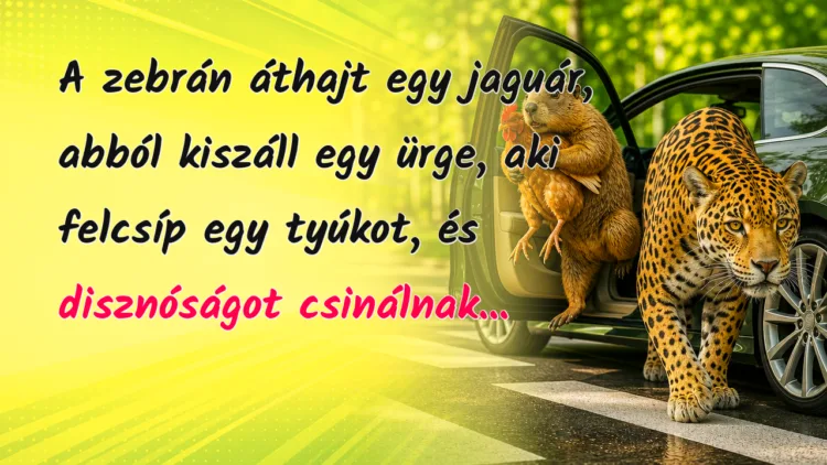 Vicc: A zebrán áthajt egy jaguár, abból kiszáll egy ürge, aki felcsíp... A zebrán áthajt egy jaguár, abból kiszáll egy ürge, aki felcsíp egy tyúkot, és disznóságot csinálnak...