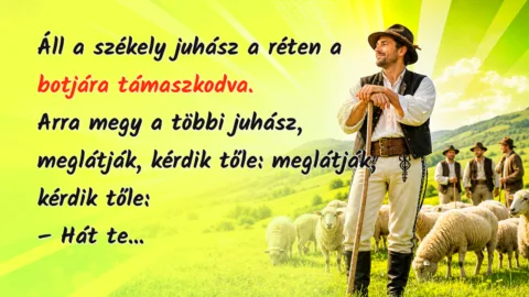 Áll a székely juhász a réten a botjára támaszkodva. Arra megy a többi juhász, meglátják, kérdik tőle: meglátják, kérdik tőle: – Hát te...