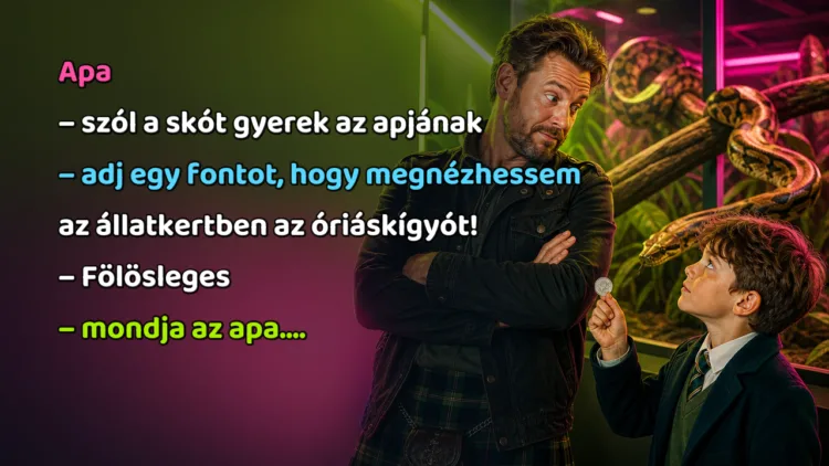 Vicc: Apa - szól a skót gyerek az apjának - adj egy fontot, hogy megnézhessem... Apa – szól a skót gyerek az apjának – adj egy fontot, hogy megnézhessem az állatkertben az óriáskígyót! – Fölösleges – mondja az apa....