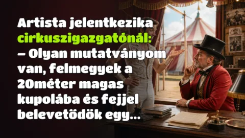 Artista jelentkezika cirkuszigazgatónál: – Olyan mutatványom van, felmegyek a 20méter magas kupolába és fejjel belevetődök egy...