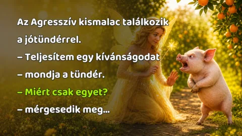 Az Agresszív kismalac találkozik a jótündérrel. – Teljesítem egy kívánságodat – mondja a tündér. – Miért csak egyet? – mérgesedik meg...