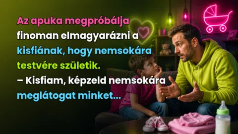 Az apuka megpróbálja finoman elmagyarázni a kisfiának, hogy nemsokára testvére születik. – Kisfiam, képzeld nemsokára meglátogat minket...