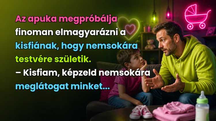 Vicc: Az apuka megpróbálja finoman elmagyarázni a kisfiának, hogy nemsokára... Az apuka megpróbálja finoman elmagyarázni a kisfiának, hogy nemsokára testvére születik. – Kisfiam, képzeld nemsokára meglátogat minket...
