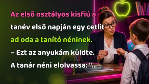 Az első osztályos kisfiú a tanév első napján egy cetlit ad oda a tanító néninek. – Ezt az anyukám küldte. A tanár néni elolvassa: "...