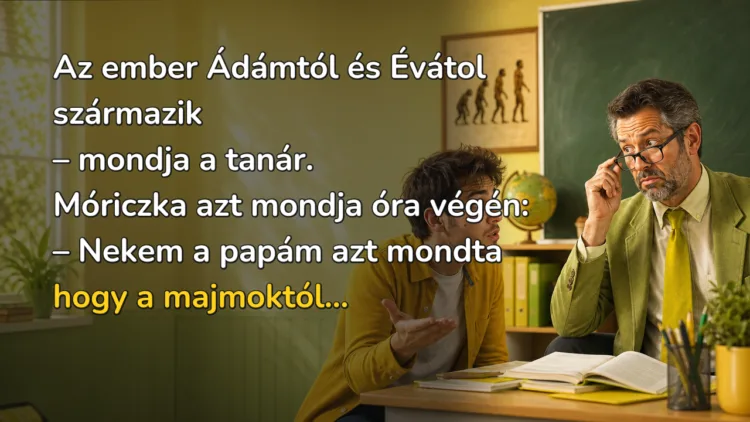 Vicc: Az ember Ádámtól és Évátol származik - mondja a tanár... Az ember Ádámtól és Évátol származik – mondja a tanár. Móriczka azt mondja óra végén: – Nekem a papám azt mondta hogy a majmoktól...