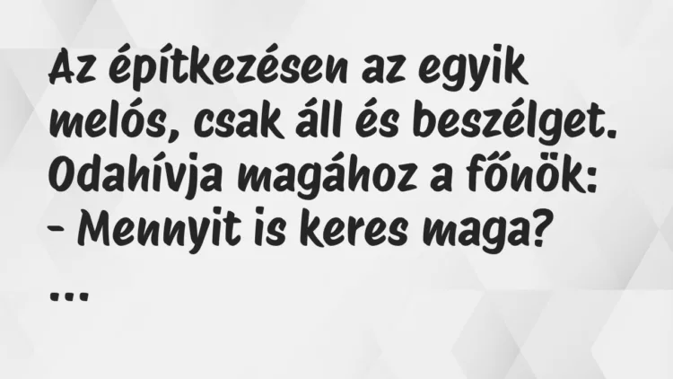Vicc: Az építkezésen az egyik melós, csak áll és beszélget… Vicc: Az építkezésen az egyik melós, csak áll és beszélget…