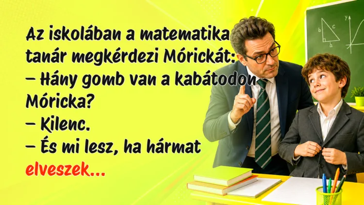 Vicc: Az iskolában a matematika tanár megkérdezi Mórickát... Az iskolában a matematika tanár megkérdezi Mórickát: – Hány gomb van a kabátodon Móricka? – Kilenc. – És mi lesz, ha hármat elveszek...