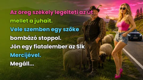 Az öreg székely legelteti az út mellet a juhait. Vele szemben egy szőke bombázó stoppol. Jön egy fiatalember az Slk Mercijével. Megáll...