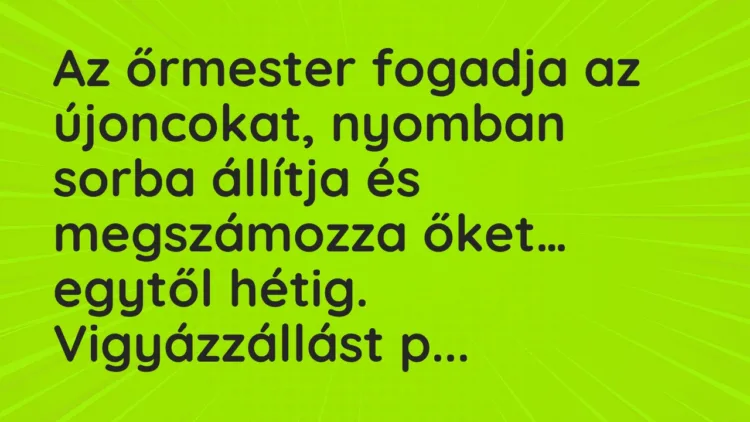 Vicc: Az őrmester fogadja az újoncokat, nyomban sorba állítja és megszámozza… Vicc: Az őrmester fogadja az újoncokat, nyomban sorba állítja és megszámozza…