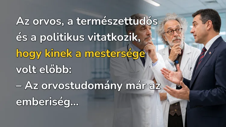 Vicc: Az orvos, a természettudós és a politikus vitatkozik, hogy kinek... Az orvos, a természettudós és a politikus vitatkozik, hogy kinek a mestersége volt előbb: – Az orvostudomány már az emberiség...