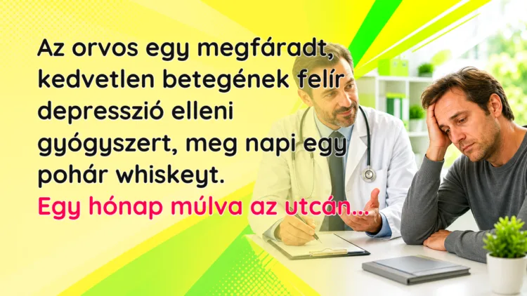 Vicc: Az orvos egy megfáradt, kedvetlen betegének felír depresszió elleni... Az orvos egy megfáradt, kedvetlen betegének felír depresszió elleni gyógyszert, meg napi egy pohár whiskeyt. Egy hónap múlva az utcán...