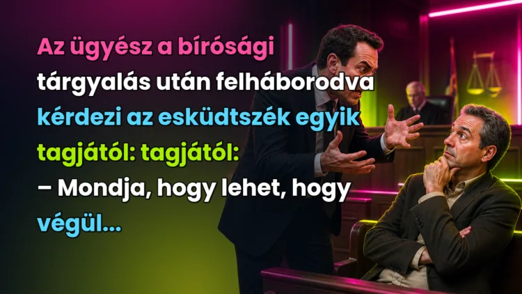 Vicc: Az ügyész a bírósági tárgyalás után felháborodva kérdezi az esküdtszék... Az ügyész a bírósági tárgyalás után felháborodva kérdezi az esküdtszék egyik tagjától: tagjától: – Mondja, hogy lehet, hogy végül...
