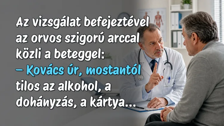 Vicc: Az vizsgálat befejeztével az orvos szigorú arccal közli a beteggel... Az vizsgálat befejeztével az orvos szigorú arccal közli a beteggel: – Kovács úr, mostantól tilos az alkohol, a dohányzás, a kártya...