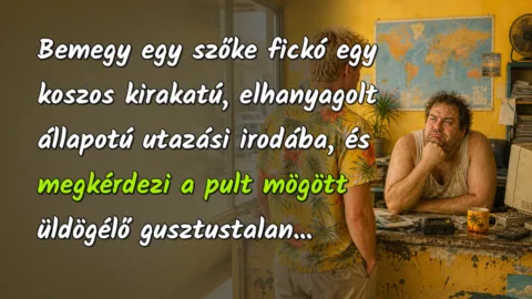 Bemegy egy szőke fickó egy koszos kirakatú, elhanyagolt állapotú utazási irodába, és megkérdezi a pult mögött üldögélő gusztustalan...