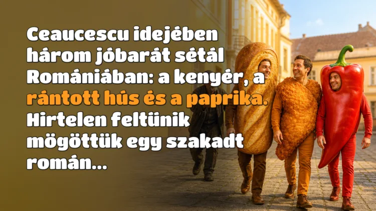 Vicc: Ceaucescu idejében három jóbarát sétál Romániában: a kenyér... Ceaucescu idejében három jóbarát sétál Romániában: a kenyér, a rántott hús és a paprika. Hirtelen feltűnik mögöttük egy szakadt román...