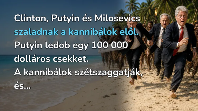 Vicc: Clinton, Putyin és Milosevics szaladnak a kannibálok elől... Clinton, Putyin és Milosevics szaladnak a kannibálok elől. Putyin ledob egy 100 000 dolláros csekket. A kannibálok szétszaggatják, és...