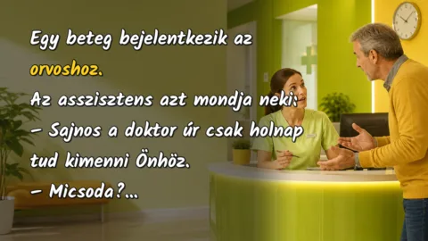 Egy beteg bejelentkezik az orvoshoz. Az asszisztens azt mondja neki: – Sajnos a doktor úr csak holnap tud kimenni Önhöz. – Micsoda?...