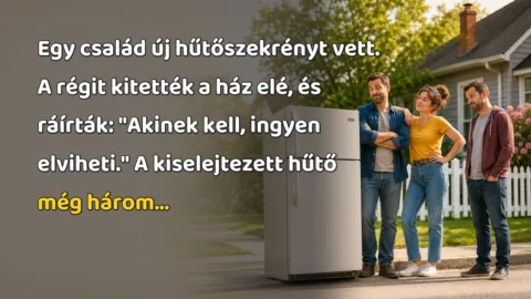 Egy család új hűtőszekrényt vett. A régit kitették a ház elé, és ráírták: "Akinek kell, ingyen elviheti." A kiselejtezett hűtő még három...