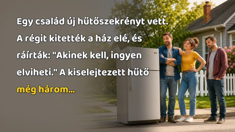 Vicc: Egy család új hűtőszekrényt vett. A régit kitették a ház elé... Egy család új hűtőszekrényt vett. A régit kitették a ház elé, és ráírták: "Akinek kell, ingyen elviheti." A kiselejtezett hűtő még három...