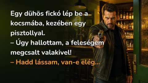 Egy dühös fickó lép be a kocsmába, kezében egy pisztollyal. – Úgy hallottam, a feleségem megcsalt valakivel! – Hadd lássam, van-e elég...