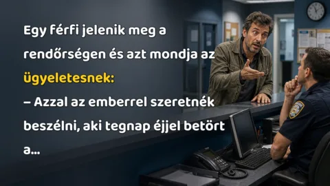 Egy férfi jelenik meg a rendőrségen és azt mondja az ügyeletesnek: – Azzal az emberrel szeretnék beszélni, aki tegnap éjjel betört a...
