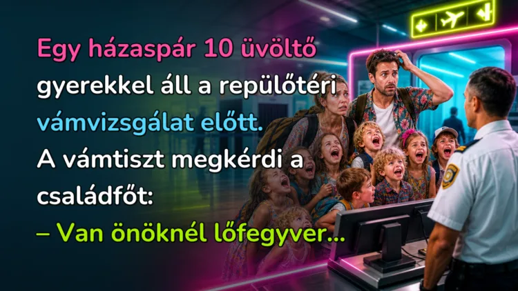 Vicc: Egy házaspár 10 üvöltő gyerekkel áll a repülőtéri vámvizsgálat előtt... Egy házaspár 10 üvöltő gyerekkel áll a repülőtéri vámvizsgálat előtt. A vámtiszt megkérdi a családfőt: – Van önöknél lőfegyver...