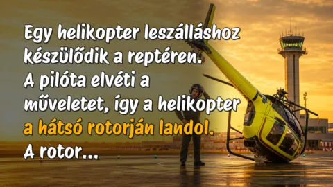 Egy helikopter leszálláshoz készülődik a reptéren. A pilóta elvéti a műveletet, így a helikopter a hátsó rotorján landol. A rotor...