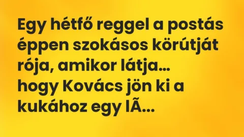 Vicc: Egy hétfő reggel a postás éppen szokásos körútját rója, amikor látja…