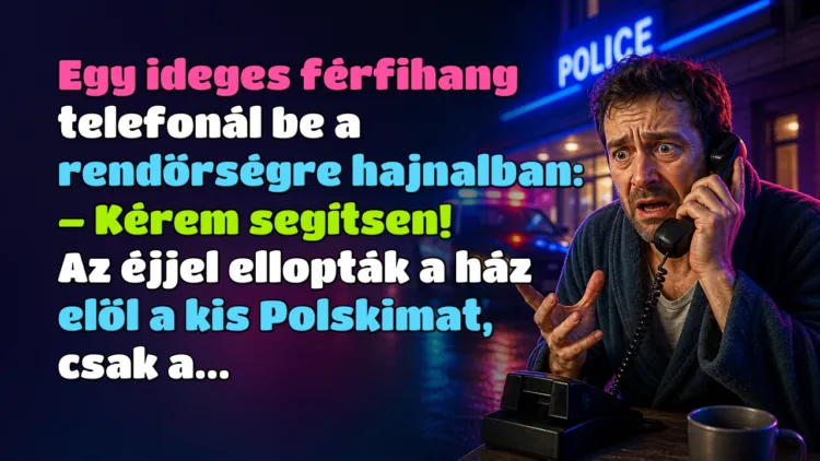 Vicc: Egy ideges férfihang telefonál be a rendőrségre hajnalban... Egy ideges férfihang telefonál be a rendőrségre hajnalban: – Kérem segítsen! Az éjjel ellopták a ház elől a kis Polskimat, csak a...