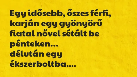 Vicc: Egy idősebb, őszes férfi, karján egy gyönyörű fiatal nővel sétált be…