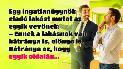 Egy ingatlanügynök eladó lakást mutat az egyik vevőnek: – Ennek a lakásnak van hátránya is, előnye is. Hátránya az, hogy egyik oldalán...