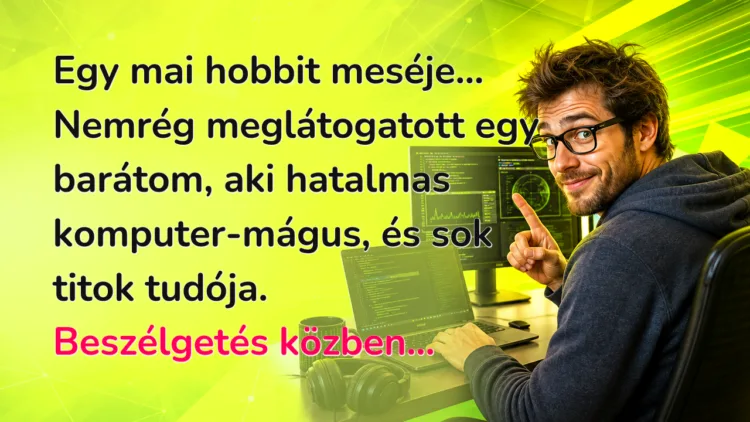 Vicc: Egy mai hobbit meséje... Egy mai hobbit meséje... Nemrég meglátogatott egy barátom, aki hatalmas komputer-mágus, és sok titok tudója. Beszélgetés közben...