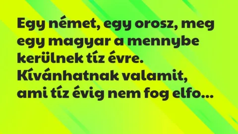 Vicc: Egy német, egy orosz, meg egy magyar a mennybe kerülnek tíz évre…