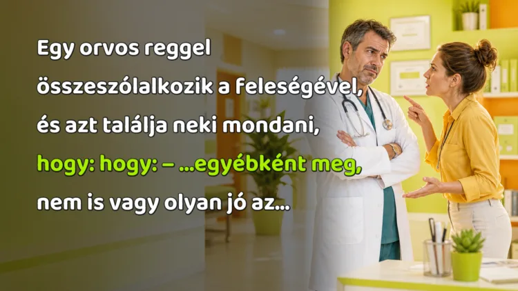 Vicc: Egy orvos reggel összeszólalkozik a feleségével, és azt találja neki... Egy orvos reggel összeszólalkozik a feleségével, és azt találja neki mondani, hogy: hogy: – …egyébként meg, nem is vagy olyan jó az...