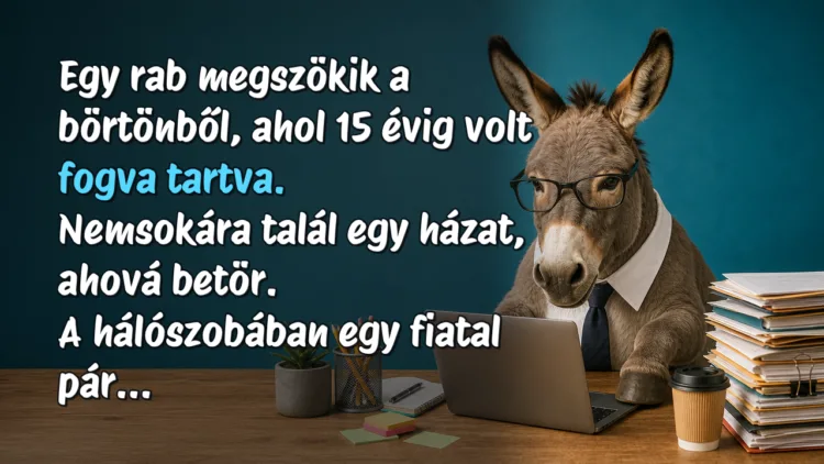 Vicc: Egy rab megszökik a börtönből, ahol 15 évig volt fogva tartva... Egy rab megszökik a börtönből, ahol 15 évig volt fogva tartva. Nemsokára talál egy házat, ahová betör. A hálószobában egy fiatal pár...