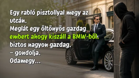 Egy rabló pisztollyal megy az utcán. Meglát egy öltönyös gazdag embert ahogy kiszáll a BMW-ből. biztos nagyon gazdag. – gondolja. Odamegy...