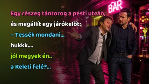 Egy részeg tántorog a pesti utcán, és megállít egy járókelőt: – Tessék mondani... hukkk.... jól megyek én.. a Keleti felé?...