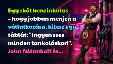 Egy skót benzinkutas – hogy jobban menjen a vállalkozása, kitesz egy táblát: "Ingyen szex minden tankoláskor!". John feltankolt és...