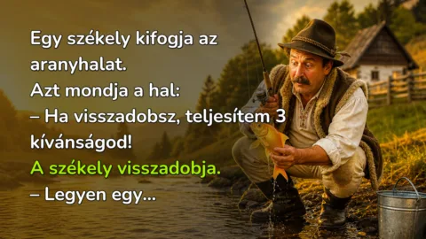 Egy székely kifogja az aranyhalat. Azt mondja a hal: – Ha visszadobsz, teljesítem 3 kívánságod! A székely visszadobja. – Legyen egy...