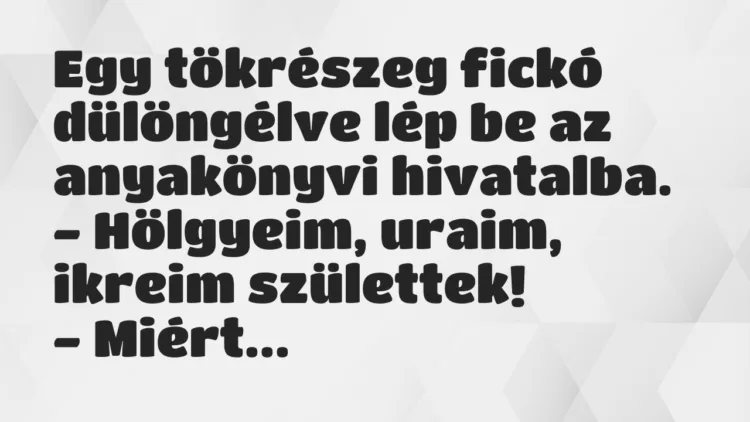 Vicc: Egy tökrészeg fickó dülöngélve lép be az anyakönyvi hivatalba… Vicc: Egy tökrészeg fickó dülöngélve lép be az anyakönyvi hivatalba…