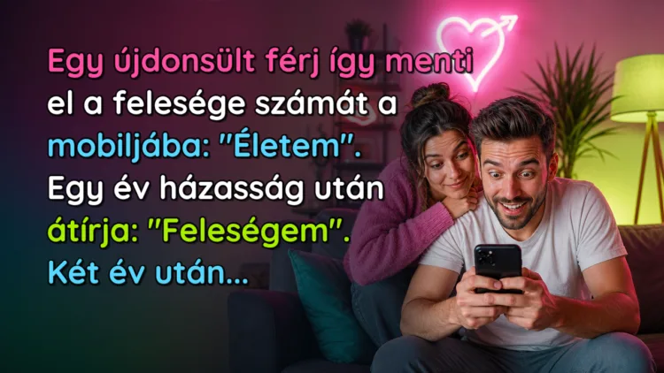 Vicc: Egy újdonsült férj így menti el a felesége számát a mobiljába: "Életem... Egy újdonsült férj így menti el a felesége számát a mobiljába: "Életem". Egy év házasság után átírja: "Feleségem". Két év után...