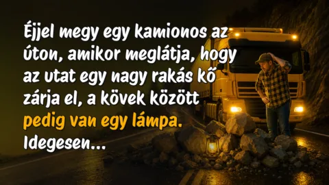 Éjjel megy egy kamionos az úton, amikor meglátja, hogy az utat egy nagy rakás kő zárja el, a kövek között pedig van egy lámpa. Idegesen...