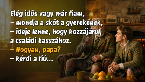 Elég idős vagy már fiam, – mondja a skót a gyerekének, – ideje lenne, hogy hozzájárulj a családi kasszához. – Hogyan, papa? – kérdi a fiú...