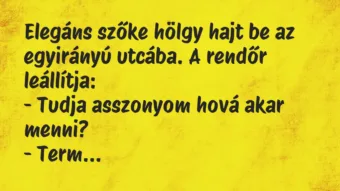 Vicc: Elegáns szőke hölgy hajt be az egyirányú utcába. A rendőr leállítja… Vicc: Elegáns szőke hölgy hajt be az egyirányú utcába. A rendőr leállítja…