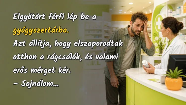 Vicc: Elgyötört férfi lép be a gyógyszertárba. Azt állítja... Elgyötört férfi lép be a gyógyszertárba. Azt állítja, hogy elszaporodtak otthon a rágcsálók, és valami erős mérget kér. – Sajnálom...