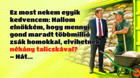 Ez most nekem egyik kedvencem: Hallom elnökkém, hogy mennyi gond maradt többmillió zsák homokkal, elvihetnék néhány talicskával? – Hát...