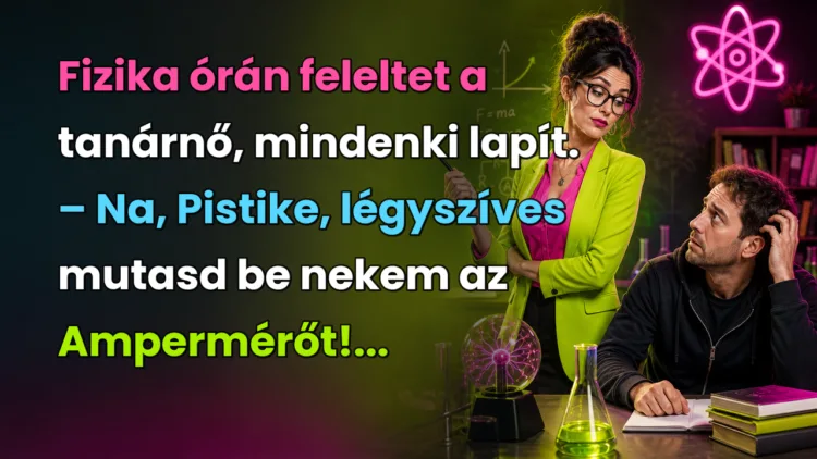 Vicc: Fizika órán feleltet a tanárnő, mindenki lapít... Fizika órán feleltet a tanárnő, mindenki lapít. – Na, Pistike, légyszíves mutasd be nekem az Ampermérőt!...